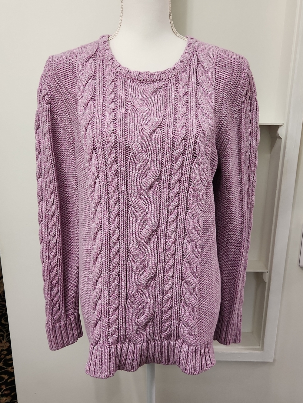 L.L. Bean Double L Cable Knit Crewneck Sweater Heathered Purple XL Fisherman